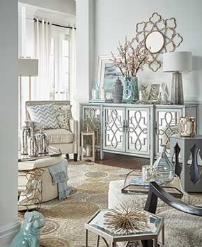 white, gold, and light blue living room furniture